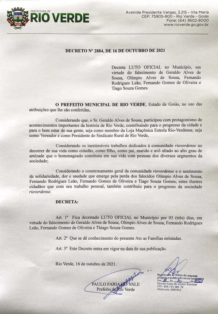 Documento assinado pelo prefeito de Rio Verde. Luto oficial presta respeito cinco vítimas de uma mesma família, após acidente no Mato Grosso do Sul