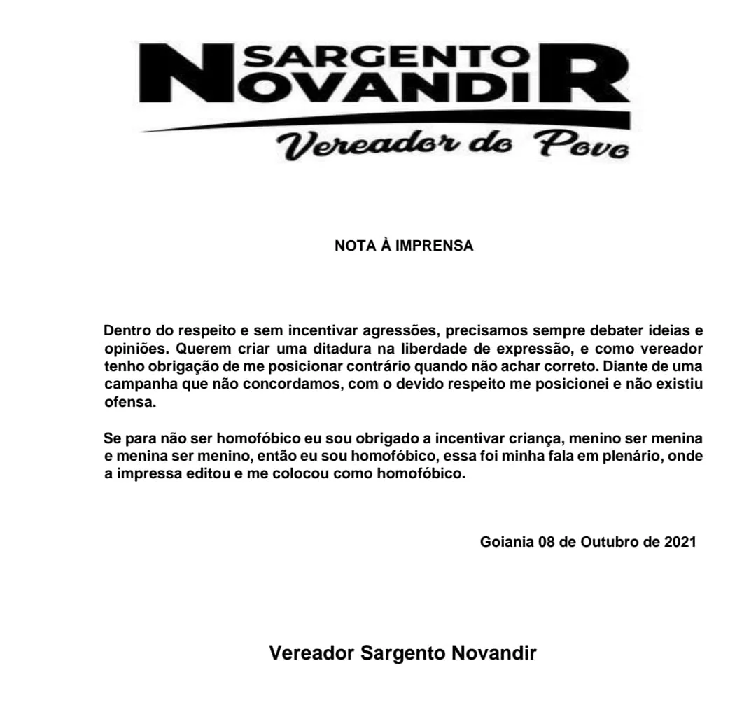 Nota do vereador Sargento Novandir