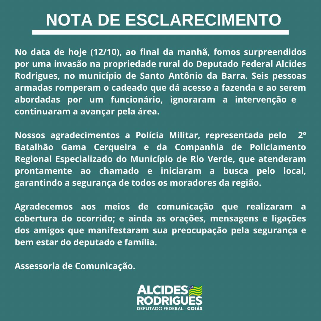 Nota do deputado Alcides Rodrigues