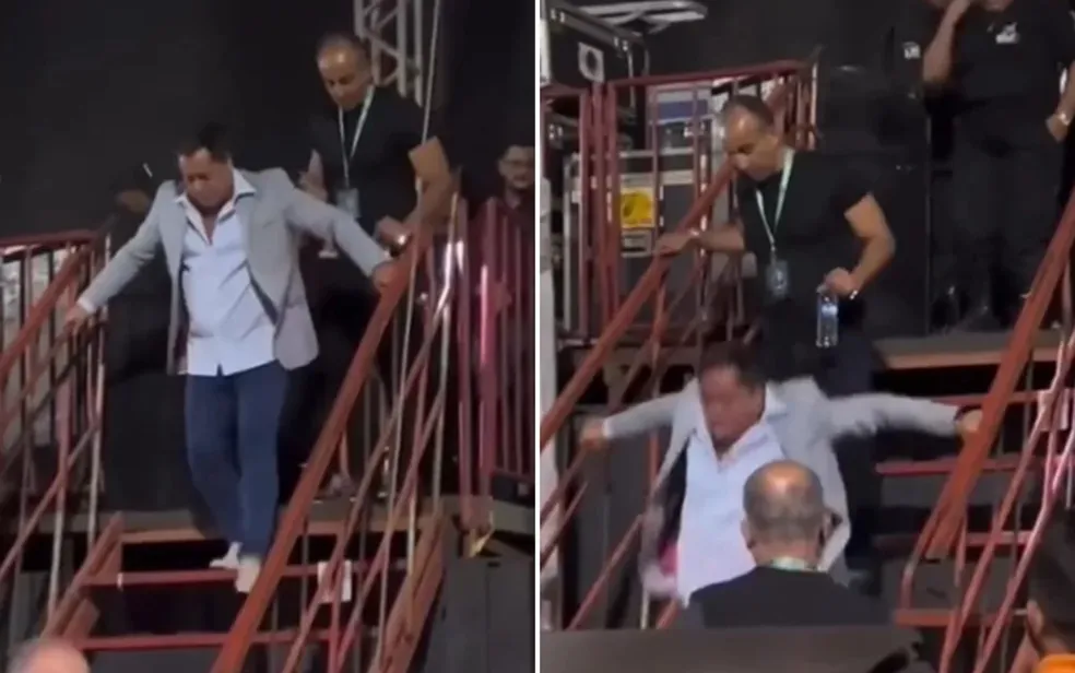 Cantor Leonardo cai descendo escada após show