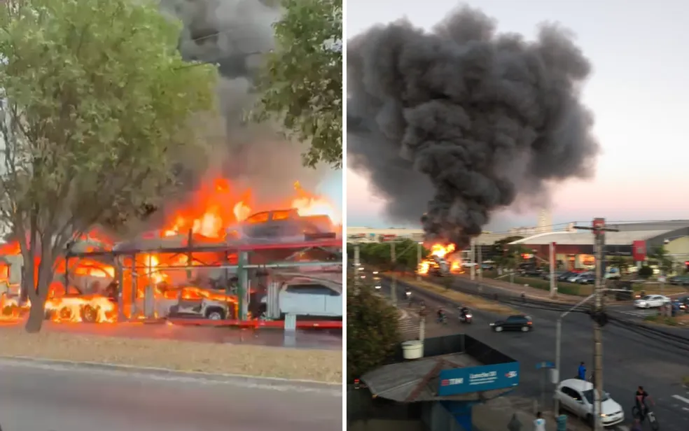 Caminhão-cegonha pega fogo em frente a uma concessionária de Aparecida de Goiânia