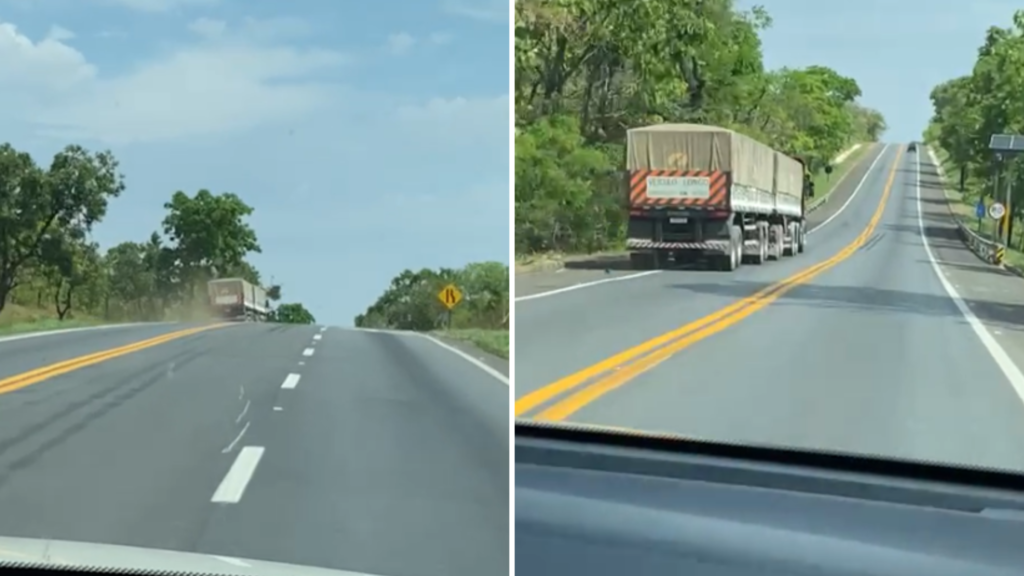 Vídeo mostra carreta sendo conduzida na contramão e ziguezagueando na BR-153