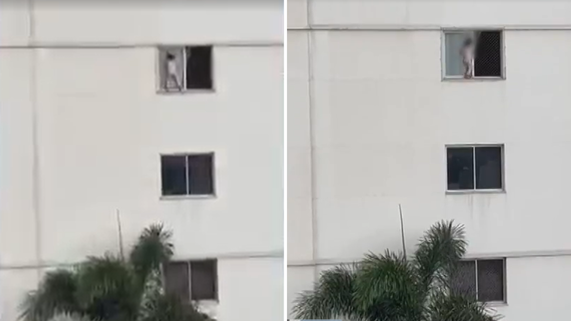 Criança é filmada andando entre tela de proteção e a janela do quarto andar