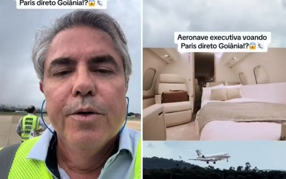 Piloto mostra interior de jato de luxo que realizou voo de Paris a Goiânia