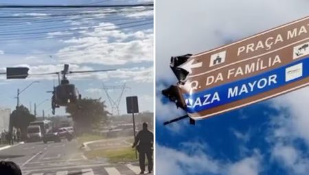 Helicóptero da PM colide com placa de trânsito ao pousar