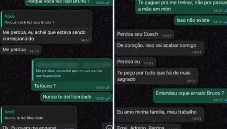 Mensagens enviadas por meio de aplicativo mostram que Bruno Fidelis pedindo que ela não revelasse o ocorrido a ninguém