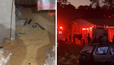 Vítima é soterrada por milho após desabamento de galpão em Nova Glória