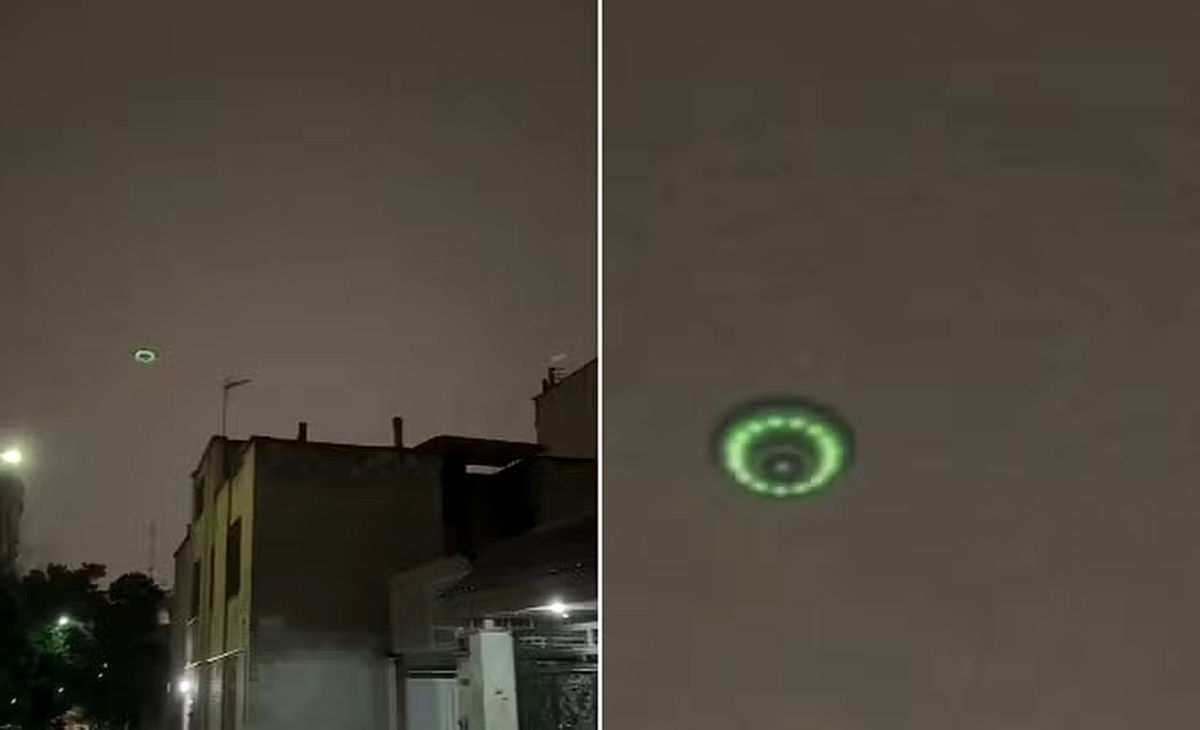 Moradores de Teerã observam perplexos um objeto voador não identificado pairando sobre as ruas da capital iraniana no final de maio. O avistamento, registrado em vídeo, gerou debate nas redes sociais