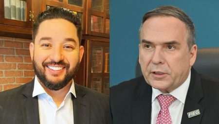 Presidente do Avante, Thialu Guiotti confirma apoio do partido à pré-candidatura a prefeito de Sandro Mabel (à direita)