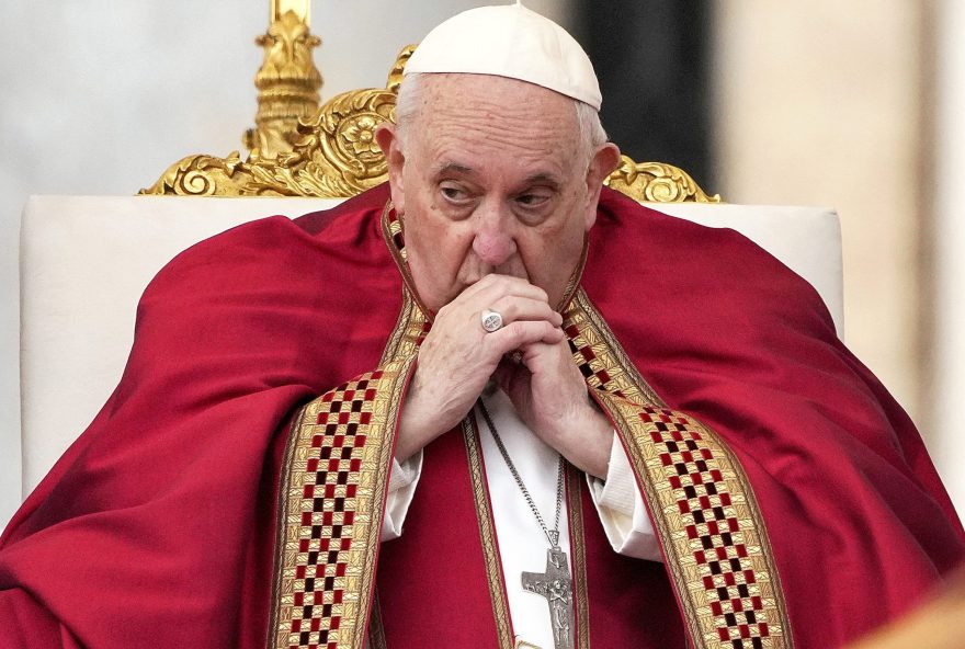 Pope Francis during the funeral mass for late Pope Emeritus Benedict XVI in St. Peter's Square at the Vatican, Thursday, Jan. 5, 2023. Benedict died at 95 on Dec. 31 in the monastery on the Vatican grounds where he had spent nearly all of his decade in retirement. (AP Photo/Andrew Medichini)