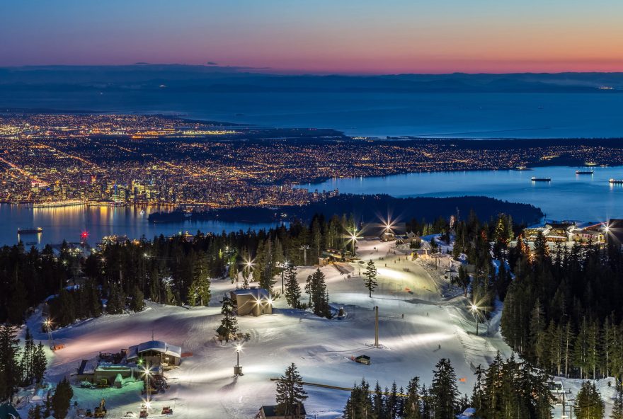 Panoramic View of Vancouver city, british columbia, Canada, from the summit of Grouse Mountain ski resort at Dusk; Shutterstock ID 182225615