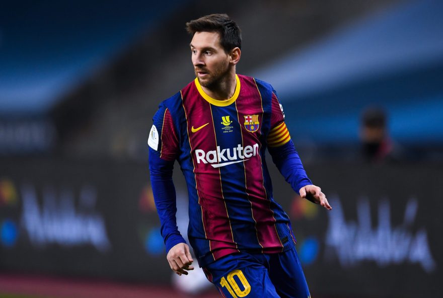 SEVILLE, SPAIN - JANUARY 17: Lionel Messi of FC Barcelona looks on during the Supercopa de Espana Final match between FC Barcelona and Athletic Club at Estadio de La Cartuja on January 17, 2021 in Seville, Spain. Sporting stadiums around Spain remain under strict restrictions due to the Coronavirus Pandemic as Government social distancing laws prohibit fans inside venues resulting in games being played behind closed doors. (Photo by David Ramos/Getty Images)