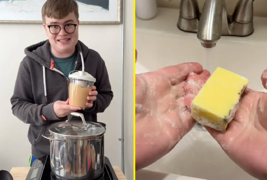 Robert Tolppi fez um passo a passo de como transformar gordura, inclusive a do corpo humano, em sabonete de uso diário (Fotos: TikTok/roberttolppi/Reprodução)