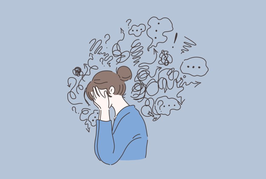 Mental disorder, finding answers, confusion concept. Woman suffering from depression, closing face with palms in despair, girl trying to solve complex problems. Simple flat vector