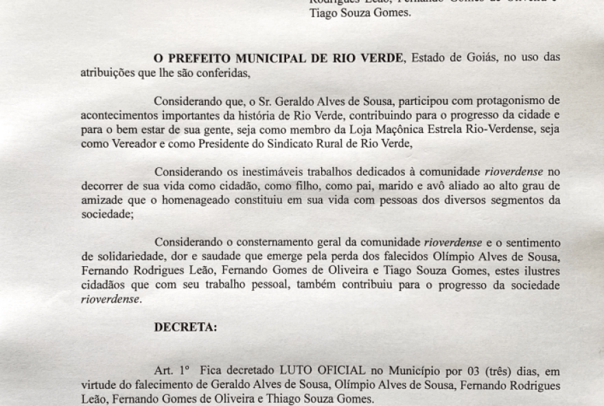 Documento assinado pelo prefeito de Rio Verde. Luto oficial presta respeito cinco vítimas de uma mesma família, após acidente no Mato Grosso do Sul