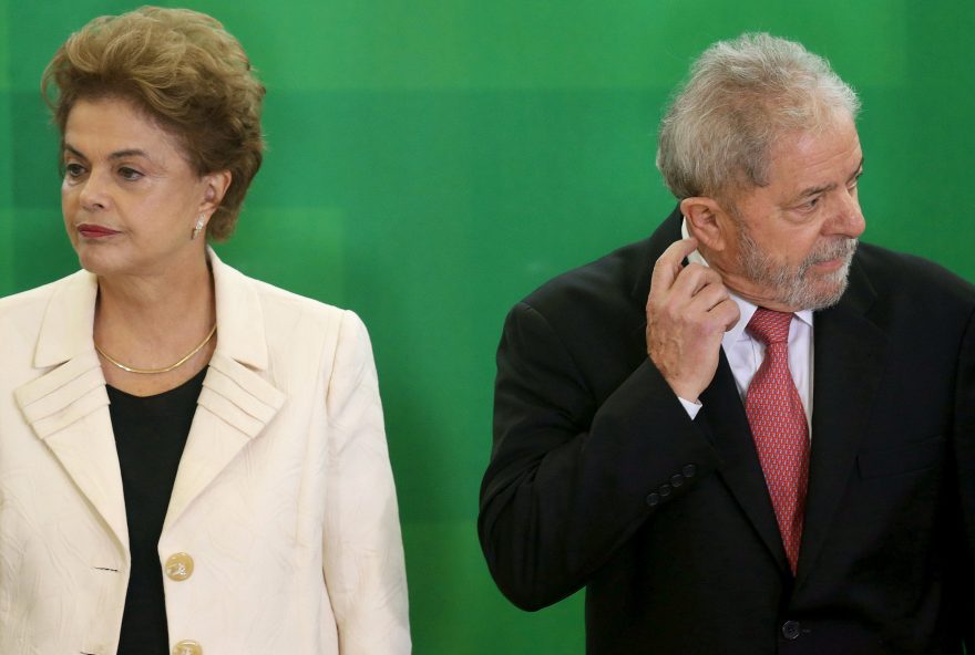 Brazil's President Dilma Rousseff and former president Luiz Inacio Lula da Silva attend the appointment of Lula da Silva as chief of staff, at Planalto palace in Brasilia