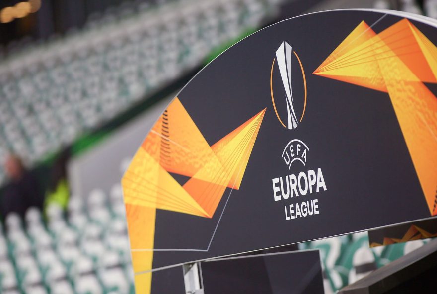 WOLFSBURG, GERMANY - NOVEMBER 07: The UEFA Europa League logo is seen prior to the UEFA Europa League group I match between VfL Wolfsburg and KAA Gent at Volkswagen Arena on November 7, 2019 in Wolfsburg, Germany. (Photo by Selim Sudheimer/Bongarts/Getty Images)