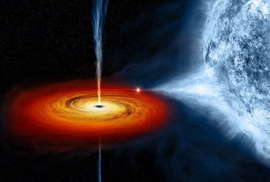 On the left, an optical image from the Digitized Sky Survey shows Cygnus X-1, outlined in a red box.  Cygnus X-1 is located near large active regions of star formation in the Milky Way, as seen in this image that spans some 700 light years across. An artist's illustration on the right depicts what astronomers think is happening within the Cygnus X-1 system.  Cygnus X-1 is a so-called stellar-mass black hole, a class of black holes that comes from the collapse of a massive star.  New studies with data from Chandra and several other telescopes have determined the black hole's spin, mass, and distance with unprecedented accuracy.