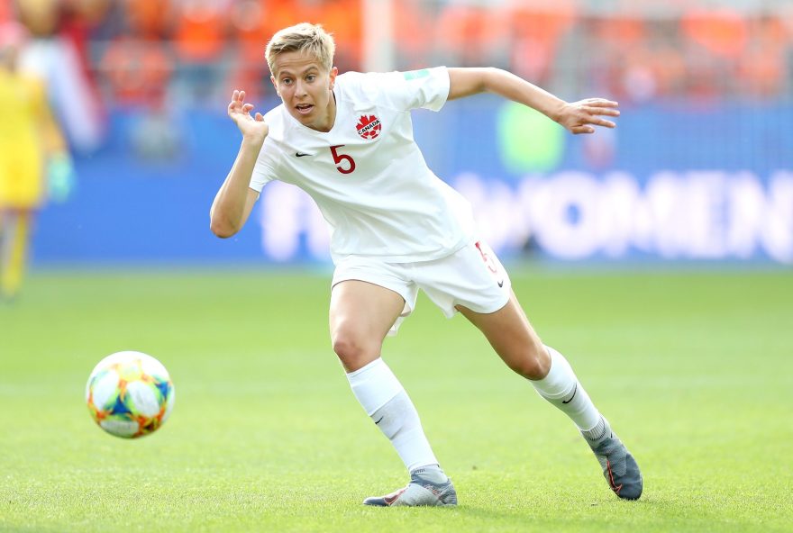 REIMS, FRANCE - JUNE 20: Rebecca Quinn of Canada during the 2019 FIFA Women's World Cup France group E match between Netherlands and Canada at Stade Auguste Delaune on June 20, 2019 in Reims, France. (Photo by Charlotte Wilson/Offside/Offside via Getty Images)