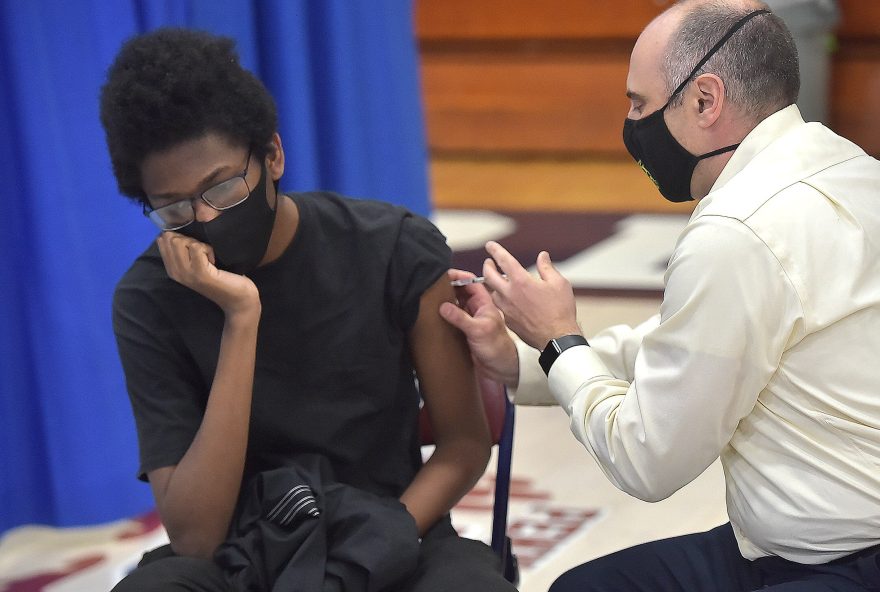 Lansdowne, PA. May 6 : Payton Mensah, 16 gets his Pfizer-biontech vaccination Thursday at a vaccination clinic for students from the William Penn and Southeast Delco School Districts may 6, 2021.  (Photo by Pete Bannan/MediaNews Group/Daily Times via Getty Images)