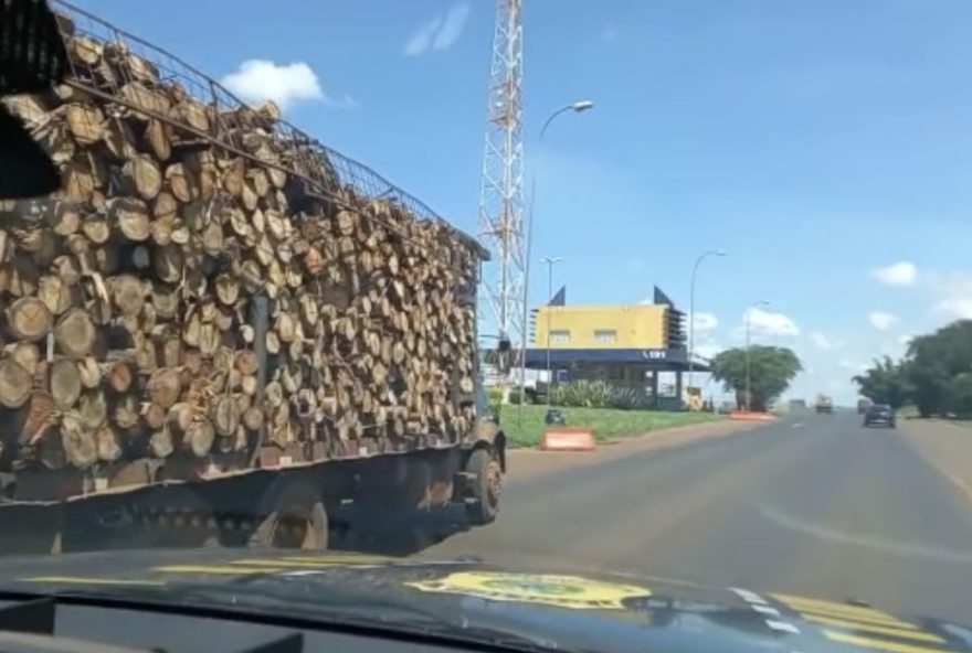 Uma vistoria dos agentes identificou que as toras de madeiras estavam sem amarração adequada para impedir que se soltassem e caíssem na rodovia. (Foto: Reprodução/ Vídeo PRF)