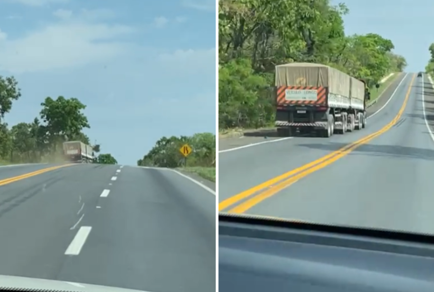 Vídeo mostra carreta sendo conduzida na contramão e ziguezagueando na BR-153