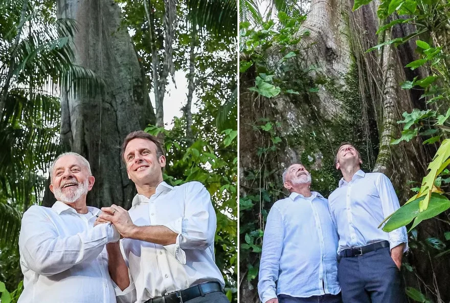 A primeira visita do presidente da França, ao Brasil rendeu memes nas redes sociais. As fotos de Macron com Lula chamaram atenção
(Foto: Ricardo Stuckert/PR)