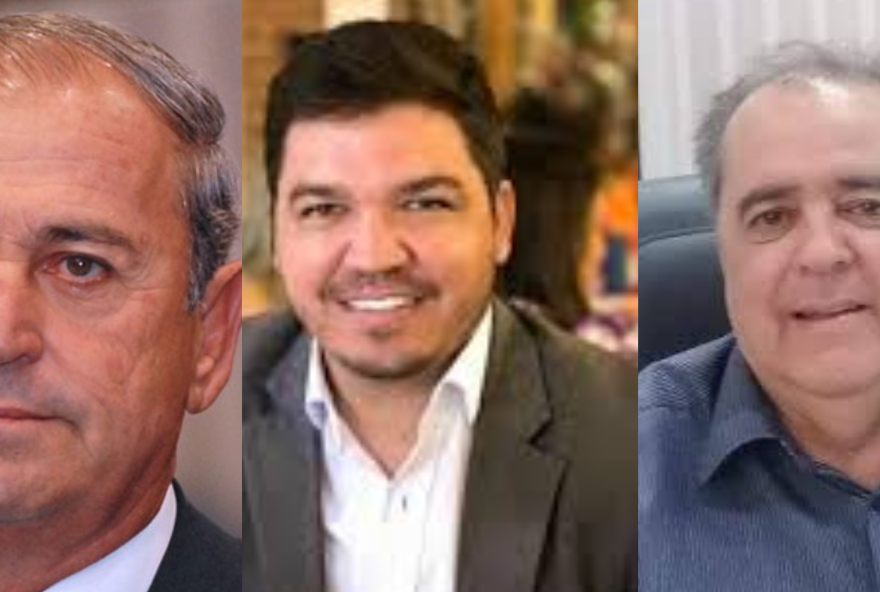 Da esquerda para a direita: José Essado, Roger Seabra e Rogério Troncoso. Os três são pré-candidatos a prefeito apoiados por Ronaldo Caiado nos municípios de Inhumas, Minaçu e Morrinhos