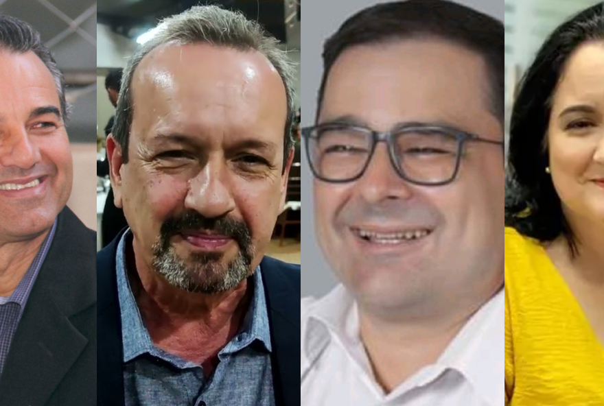 Da esquerda para a direita: prefeito de Jataí, Humberto Machado, que disputará a reeleição com Evandro Vilela na vice. Seu adversário, Geneilton Assis, terá ao seu lado Flaviane Scopel