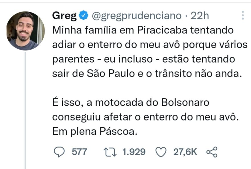 Trânsito foi bloqueado na rodovia Bandeirantes por pouco mais de 3,7 mil motos que se reuniram em evento de apoio ao presidente Bolsonaro. (Foto: Reprodução/Twitter @gregprudenciano)