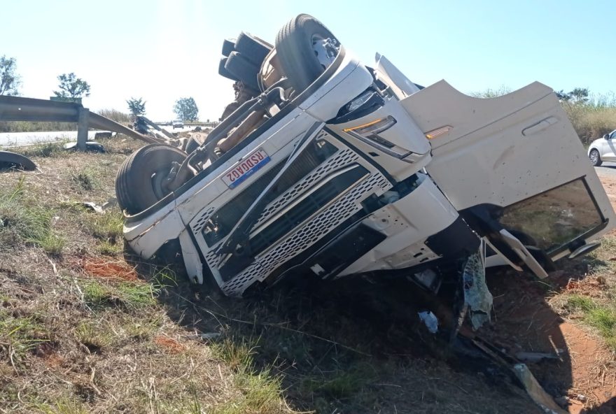 Caminhão transportando gado tomba na BR-060 entre Abadiânia e Anápolis (Foto: Divulgação PRF)