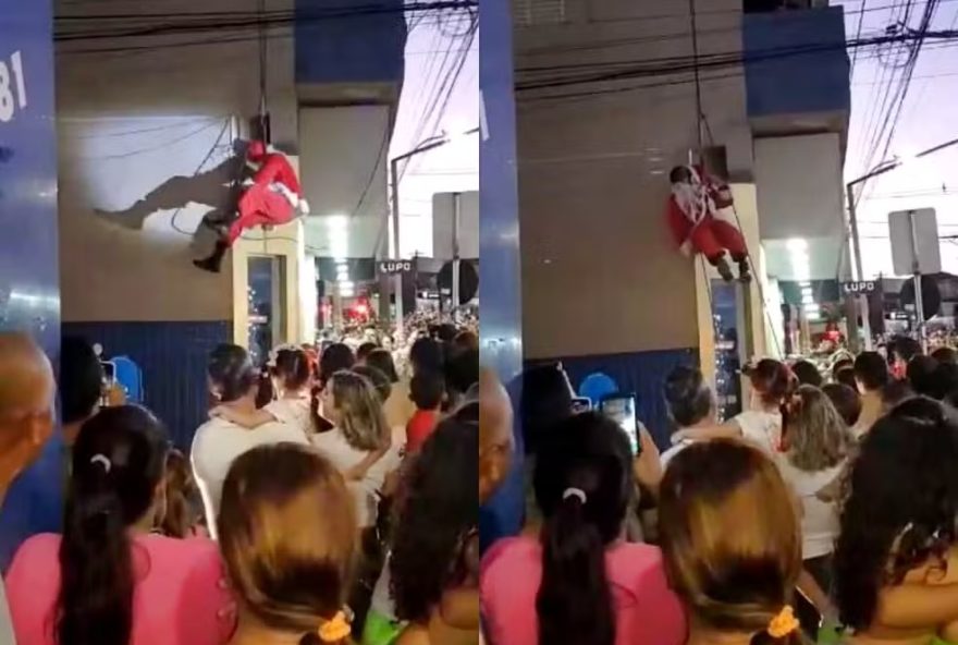 Papai Noel enrosca barba em rapel e fica pendurado durante evento (Reprodução/Redes Sociais)