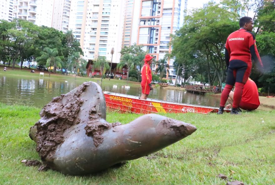 Força-tarefa para retirar uma obra de arte pesando cerca de 13 toneladas que havia caído no lago do Parque Flamboyant, em Goiânia. Foto: Amma