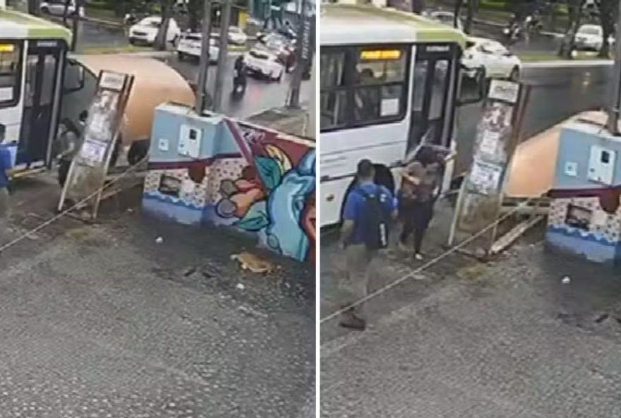 Ônibus bate em ponto e estrutura desaba deixando três pessoas feridas