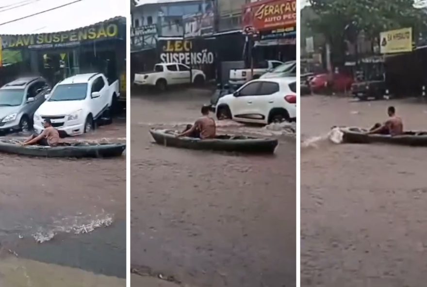 Homem aproveita forte chuva para “navegar” de canoa em correnteza