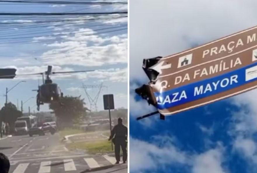 Helicóptero da PM colide com placa de trânsito ao pousar