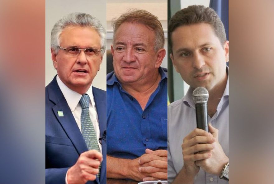 Da esquerda para a direita: governador Ronaldo Caiado, prefeito de Aparecida, Vilmar Mariano, e Leandro-Vilela, pré-candidato a prefeito de Aparecida