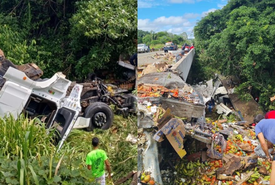 acidente-de-caminhao-na-br-230-em-itupiranga3A-carga-de-frutas-espalhada-e-condutor-sai-ileso2C-prf-atua-na-preservacao-da-seguranca-no-local