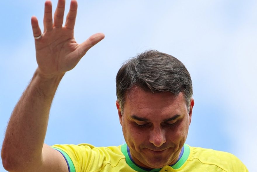 Senator Flavio Bolsonaro holds a campaign’s rally, ahead of the presidential elections, in Sao Paulo Brazil's senator Flavio Bolsonaro gestures, as he takes part in a campaign rally, as a pre-candidate of the right-wing, ahead of the presidential elections, in Sao Paulo, Brazil, March 1, 2026. REUTERS/Jorge Silva