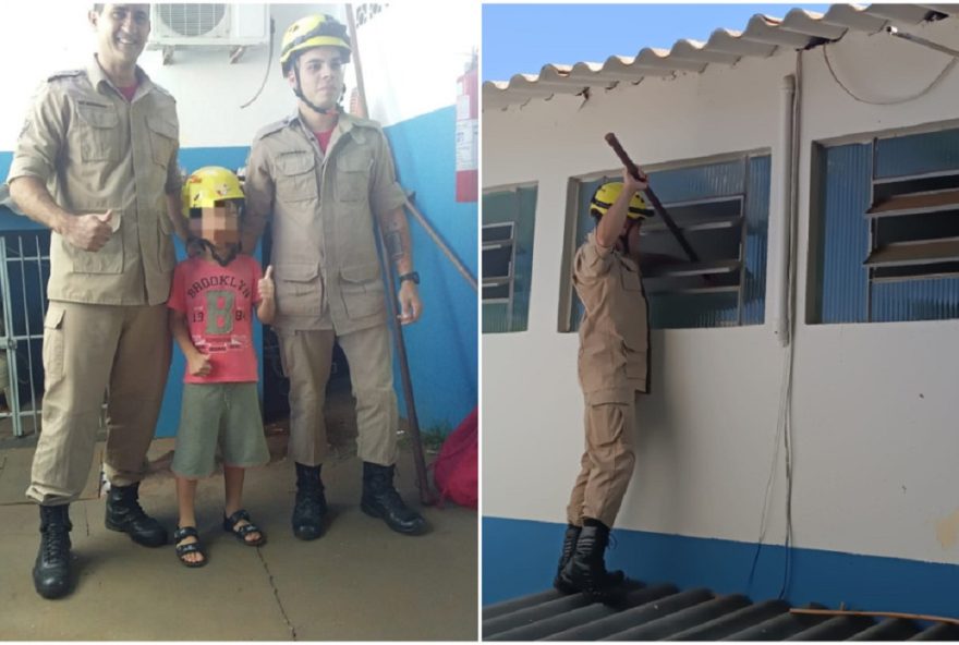 Bombeiros de Goiatuba utilizam abertura na janela para estabelecer contato com a criança durante o resgate delicado no posto de saúde (Fotos: divulgação/Bombeiros