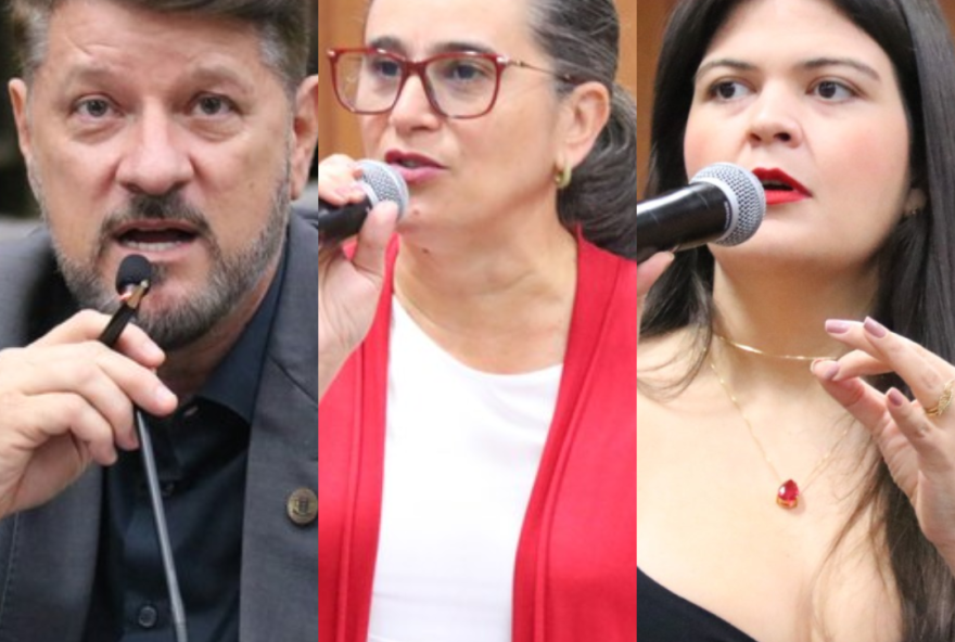 Da esquerda para a direita: vereadoras Aava Santiago (PSDB) e Kátia Maria (PT), e vereador William Veloso (PL) defendem seus pré-candidatos a prefeito e alfinetam adversários