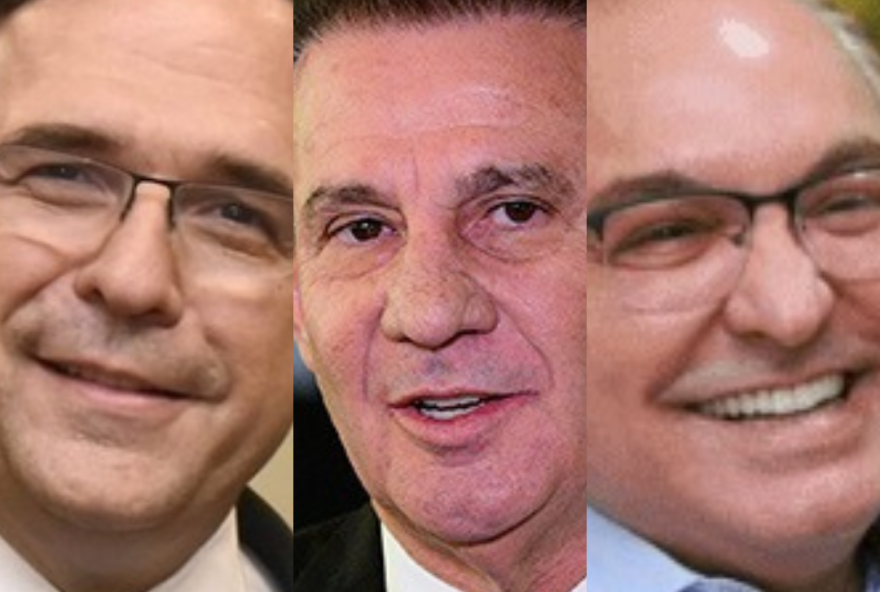 Da esquerda para a direita: presidente da Fieg, Sandro Mabel; senador Vanderlan Cardoso, presidente regional do PSD; e ex-prefeito de Trindade, Jânio Darrot (MDB).