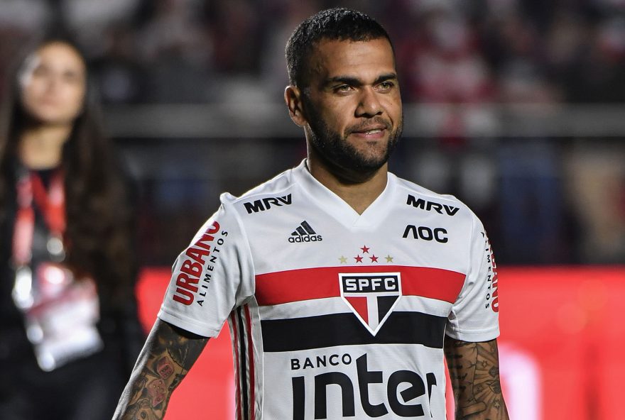 Brazil's national football team captain Dani Alves show the jersey of his new team Sao Paulo, during his official presentation, at Morumbi stadium in Sao Paulo, Brazil, on August 6, 2019. (Photo by NELSON ALMEIDA / AFP)        (Photo credit should read NELSON ALMEIDA/AFP/Getty Images)