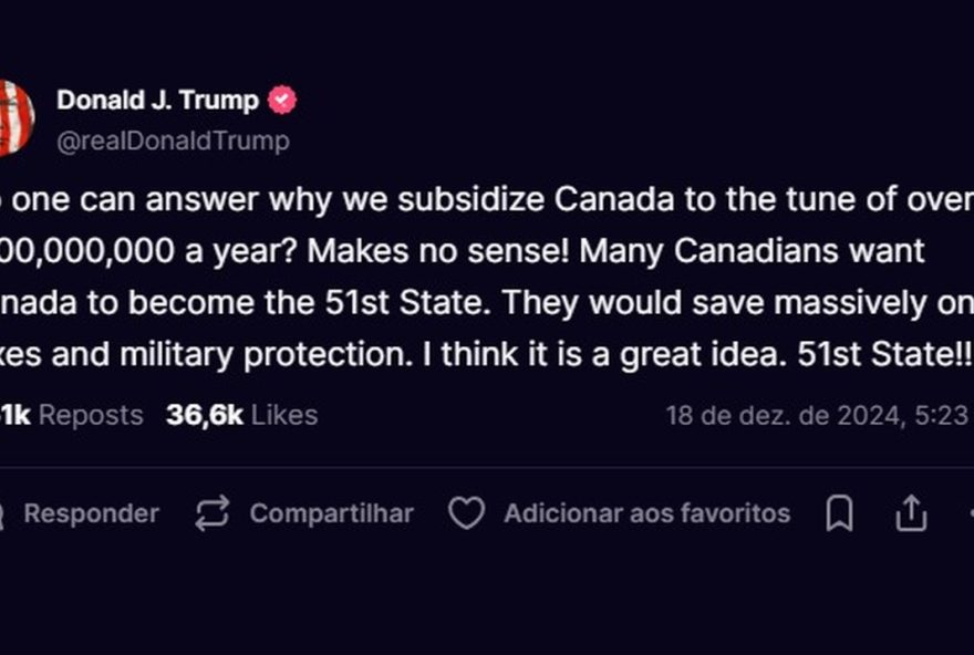 donald-trump-sugere-anexar-canada-aos-eua-como-o-51o-estado-em-meio-a-crise-politica