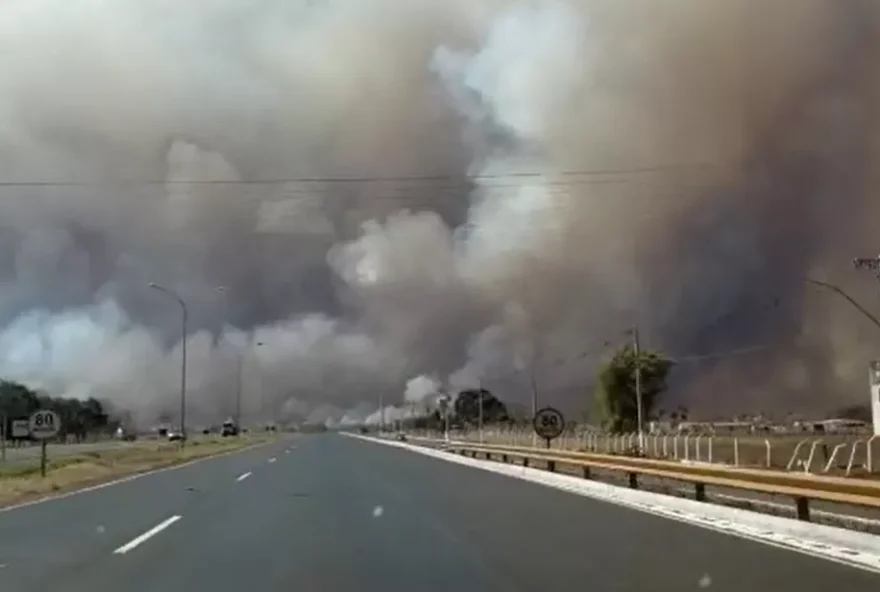 Cerca de dez caminhões pipa e um avião estão ajudando no combate ao incêndio.
(Foto: Reprodução/TV Anhanguera)