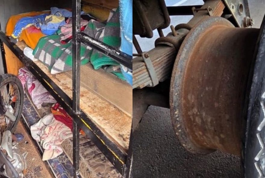grupo-de-trabalhadores-e-flagrado-em-bau-de-caminhao-na-br-2823A-beliche-improvisada-e-pneu-faltando grupo-de-trabalhadores-e-flagrado-em-bau-de-caminhao-na-br-2823A-beliche-improvisada-e-pneu-faltando
