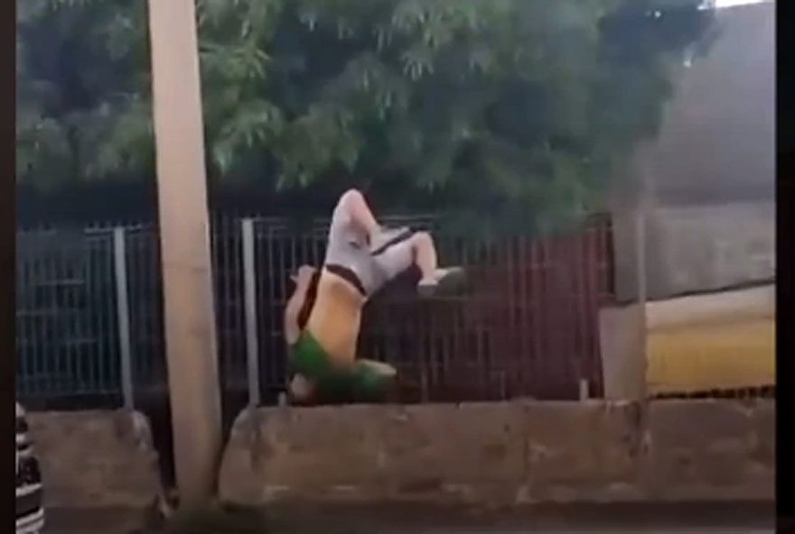 Homem é resgatado por motoristas após ficar pendurado de cabeça para baixo na grade da BR-153 em Aparecida de Goiânia (Foto: reprodução/TikTok)