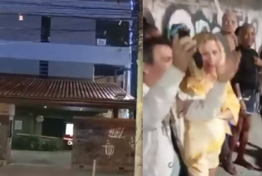 O vídeo, que rapidamente se espalhou pela internet, mostra o homem na frente do motel, cercado por pessoas I Imagem: Reprodução/Redes Sociais