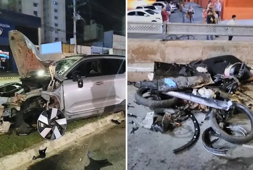 Carro e motocicleta após colisão