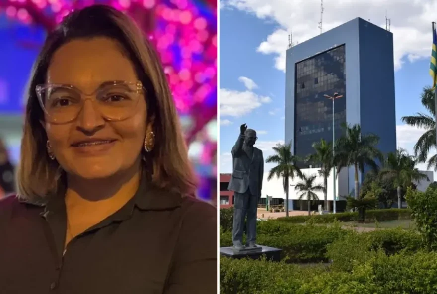 Regina Pereira Vargas Silva, diretora exonerada da Prefeitura de Goiânia, e o Paço Municipal, em Goiânia, Goiás (Foto: Reprodução/TV Anhanguera)